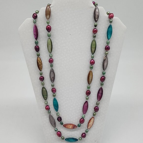 Dyed Pearls & Mother of Pearl Single Strand Necklace 52" Sally C Treasures - Picture 1 of 10
